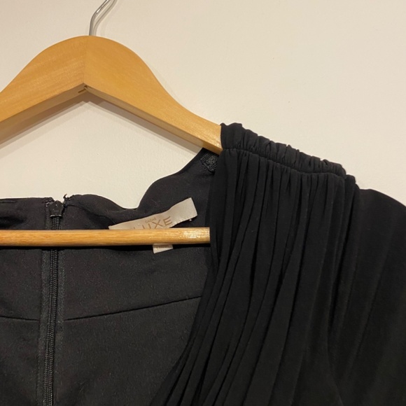 LUXE by CACHE Black Taffeta Puff Skirt Crossover Midi Dress Size 4 - Picture 4 of 5